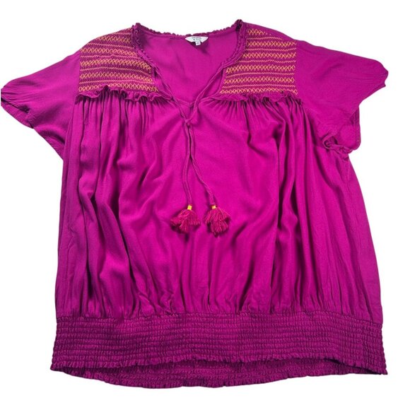 Crown & Ivy Bohemian Short Sleeve Top Women's‎ 1X Deep Pink Smocked Hem Rayon - Picture 3 of 7